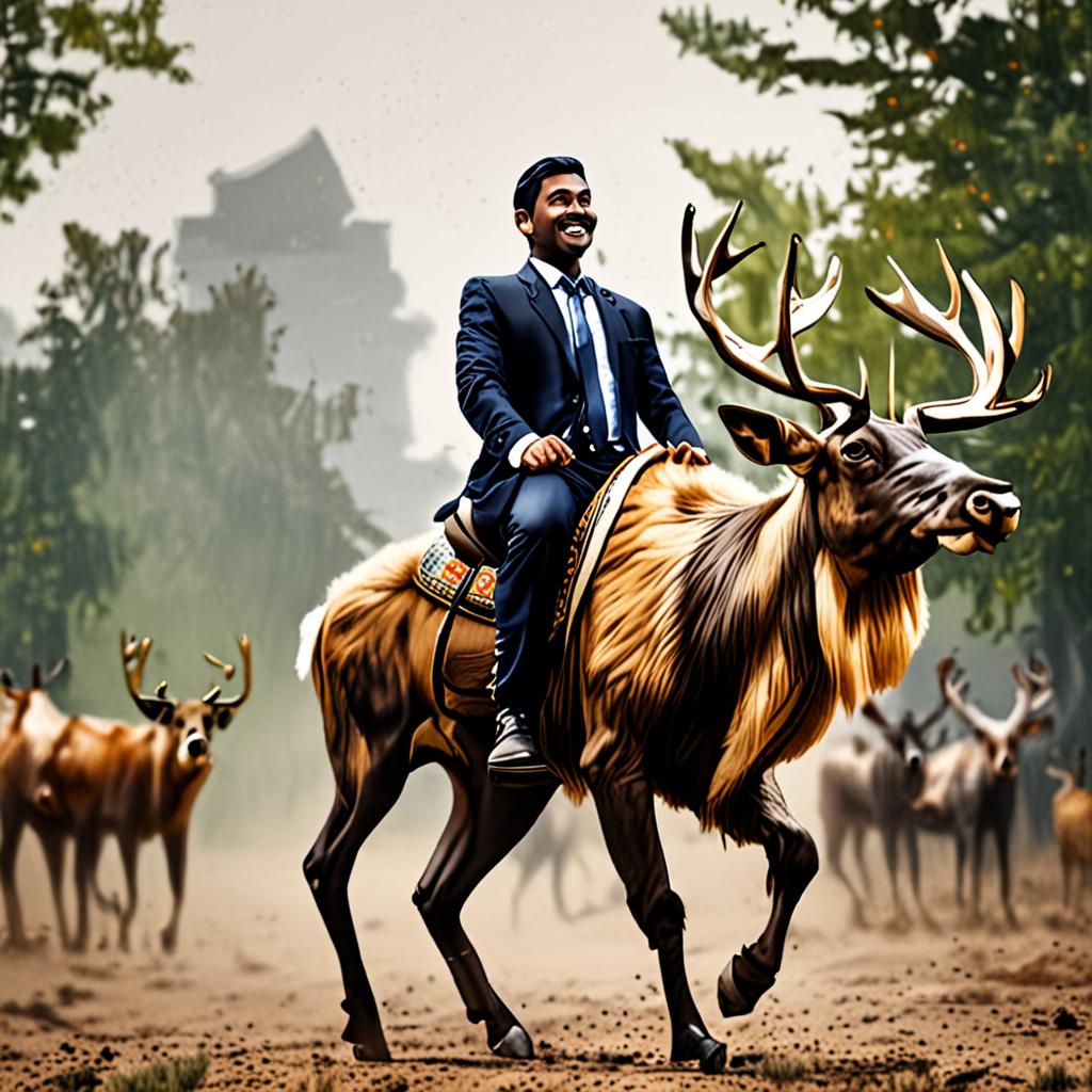 East indian business man riding a caribou
